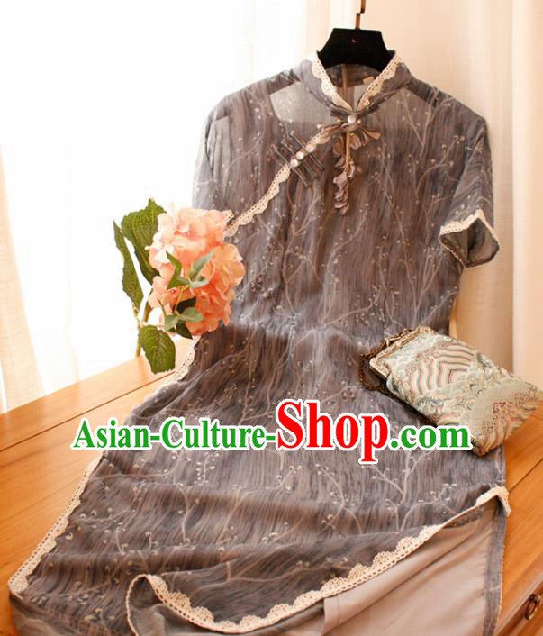 Chinese National Grey Veil Cheongsam Traditional Classical Tang Suit Qipao Dress for Women