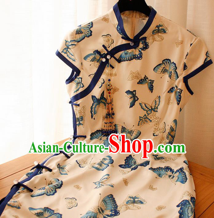 Chinese National Printing Butterfly White Cheongsam Traditional Classical Tang Suit Qipao Dress for Women