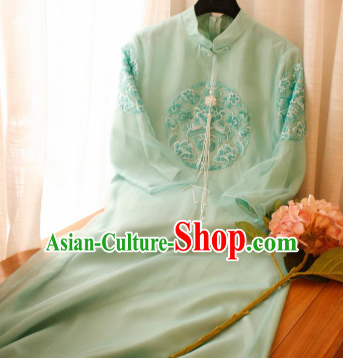 Chinese National Embroidered Green Cheongsam Traditional Classical Tang Suit Qipao Dress for Women