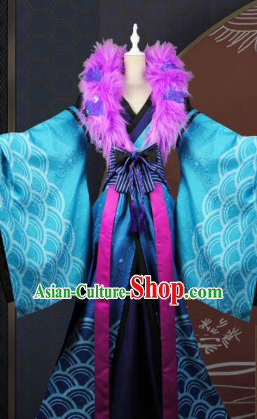 Chinese Traditional Cosplay Peri Queen Costume Ancient Swordswoman Blue Hanfu Dress for Women