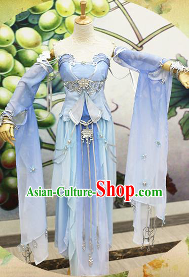 Chinese Traditional Cosplay Swordswoman Costume Ancient Peri Princess Blue Hanfu Dress for Women