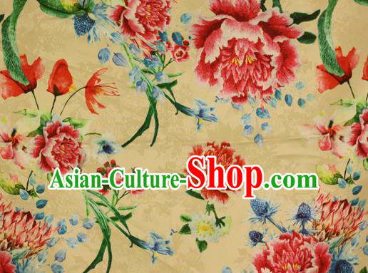Chinese Traditional Satin Fabric Material Classical Peony Pattern Design Yellow Brocade Cheongsam Silk Fabric