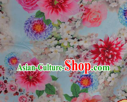 Chinese Traditional Hanfu Printing Peony Pattern Blue Brocade Material Cheongsam Classical Fabric Satin Silk Fabric
