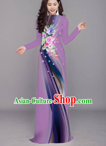 Vietnam Traditional Printing Flowers Purple Aodai Cheongsam Asian Costume Vietnamese Bride Classical Qipao Dress for Women