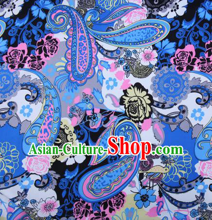 Chinese Traditional Fabric Cheongsam Printing Blue Brocade Material Hanfu Classical Satin Silk Fabric