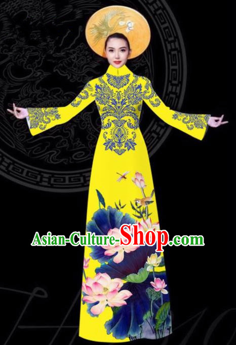 Vietnam Traditional Court Printing Lotus Yellow Aodai Cheongsam Asian Vietnamese Queen Classical Qipao Dress for Women