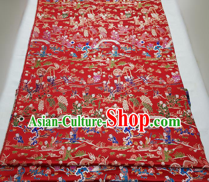 Chinese Traditional Tang Suit Royal Hundred Children Pattern Red Brocade Satin Fabric Material Classical Silk Fabric