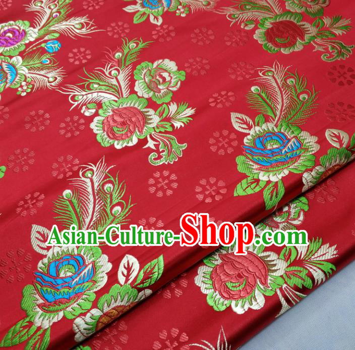 Chinese Traditional Tang Suit Royal Feather Peony Pattern Red Brocade Satin Fabric Material Classical Silk Fabric