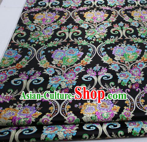 Asian Chinese Traditional Tang Suit Royal Peony Vase Pattern Black Brocade Satin Fabric Material Classical Silk Fabric