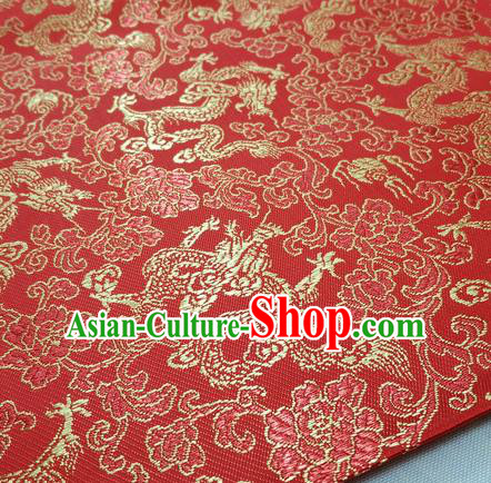 Chinese Traditional Fabric Royal Dragons Peony Pattern Red Brocade Material Hanfu Classical Satin Silk Fabric