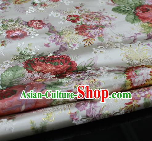 Chinese Traditional Fabric Royal Peony Pattern White Brocade Material Hanfu Classical Satin Silk Fabric