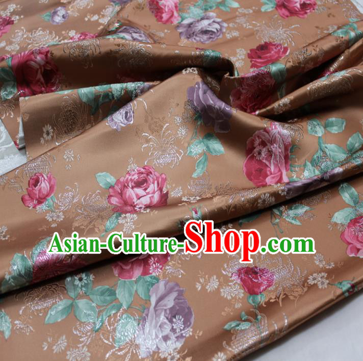 Chinese Traditional Fabric Royal Peony Pattern Brown Brocade Material Hanfu Classical Satin Silk Fabric