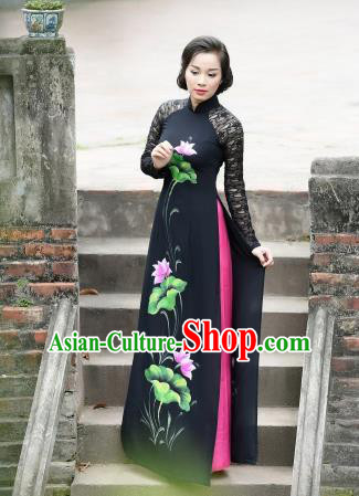 Vietnam Traditional Printing Lotus Black Aodai Cheongsam Asian Vietnamese Bride Classical Qipao Dress for Women