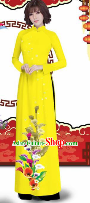 Vietnam Traditional Printing Alocasia Yellow Aodai Qipao Dress Asian Vietnamese Bride Classical Cheongsam for Women