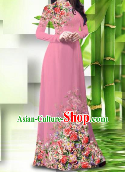Vietnam Classical Printing Roses Pink Ao Dai Dress Asian Traditional Vietnamese Bride Cheongsam for Women