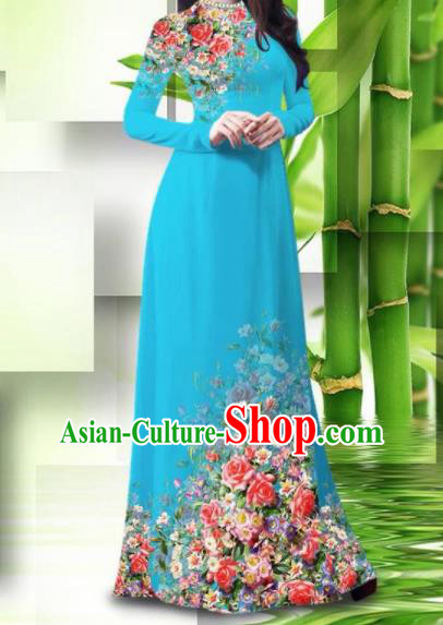 Vietnam Classical Printing Roses Blue Ao Dai Dress Asian Traditional Vietnamese Bride Cheongsam for Women