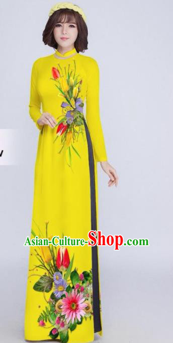 Vietnam Classical Printing Tulip Yellow Ao Dai Dress Asian Traditional Vietnamese Bride Cheongsam for Women
