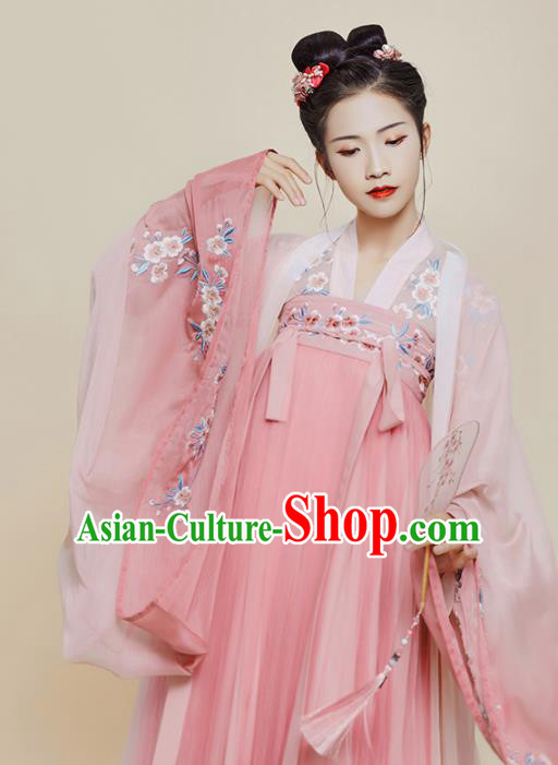 Chinese Traditional Ancient Peri Embroidered Pink Hanfu Dress Tang Dynasty Imperial Princess Historical Costume for Women