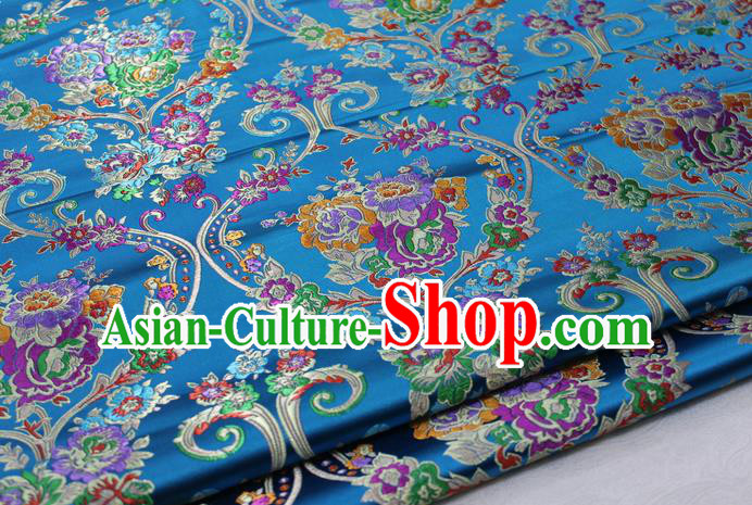 Asian Chinese Traditional Tang Suit Royal Peony Vase Pattern Blue Brocade Satin Fabric Material Classical Silk Fabric