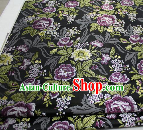 Asian Chinese Traditional Tang Suit Royal Peony Flowers Pattern Black Brocade Satin Fabric Material Classical Silk Fabric