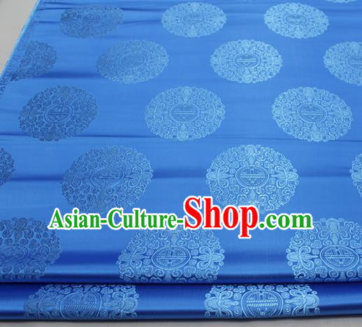 Asian Chinese Traditional Tang Suit Royal Round Pattern Blue Brocade Satin Fabric Material Classical Silk Fabric