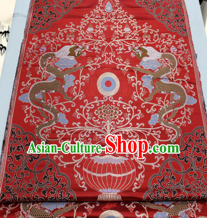 Asian Chinese Traditional Tang Suit Royal Double Dragons Pattern Red Brocade Satin Fabric Material Classical Silk Fabric