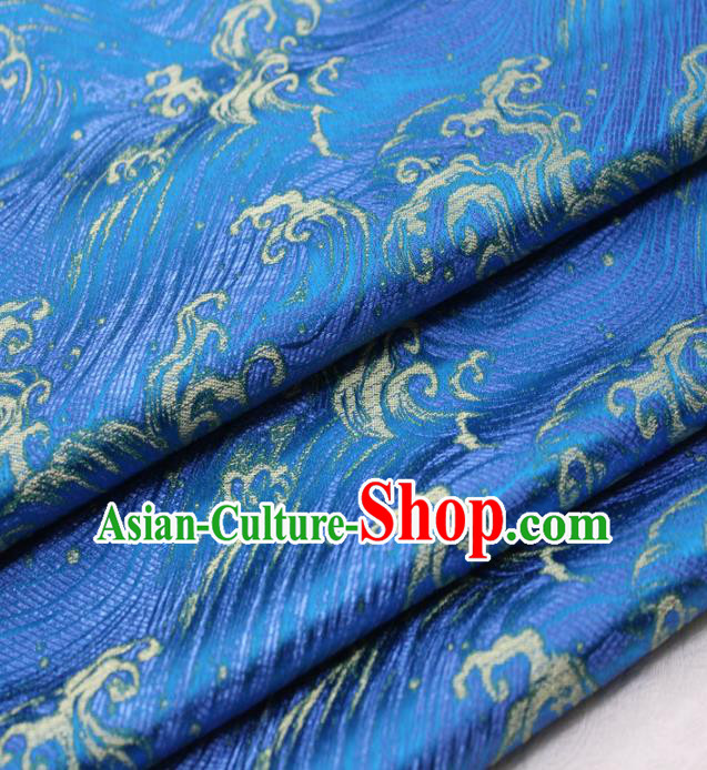Asian Chinese Traditional Classical Waves Pattern Blue Brocade Tang Suit Satin Fabric Material Classical Silk Fabric