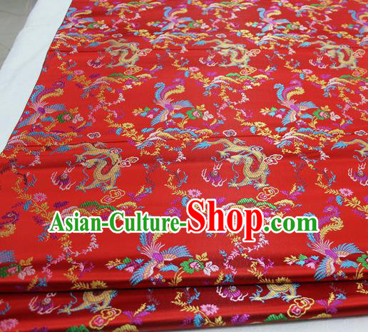 Asian Chinese Traditional Classical Dragon Phoenix Pattern Red Brocade Tang Suit Satin Fabric Material Classical Silk Fabric