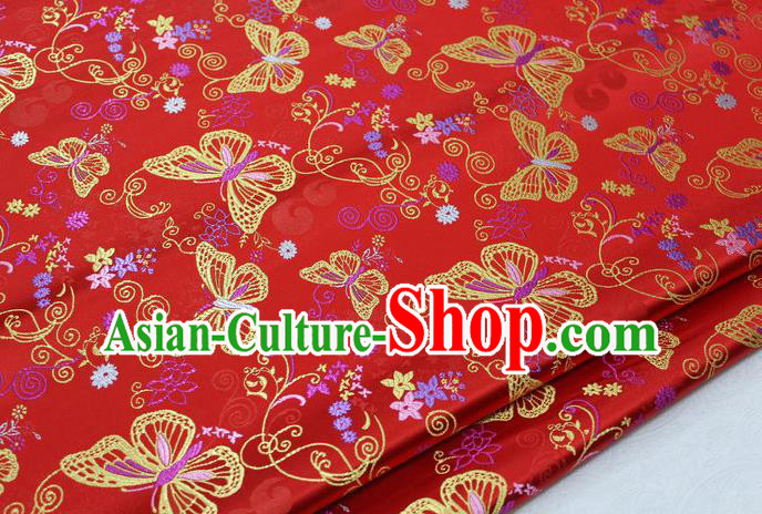 Asian Chinese Traditional Classical Butterfly Pattern Red Brocade Tang Suit Satin Fabric Material Classical Silk Fabric