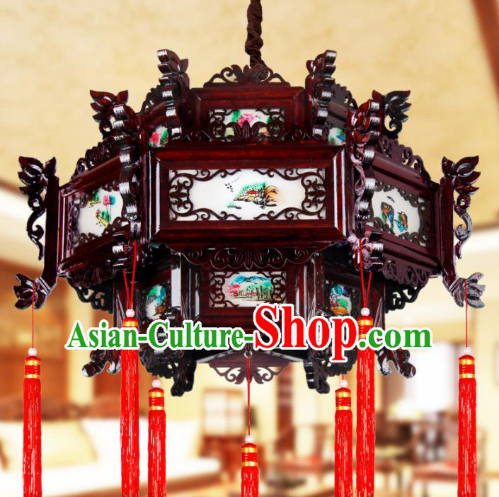 Chinese Traditional Red Tassel Wood Palace Lantern Handmade New Year Hanging Lanterns Ceiling Lamp