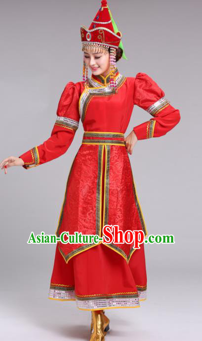Chinese Mongolian Ethnic Folk Dance Red Dress Traditional Mongol Nationality Princess Costume for Women