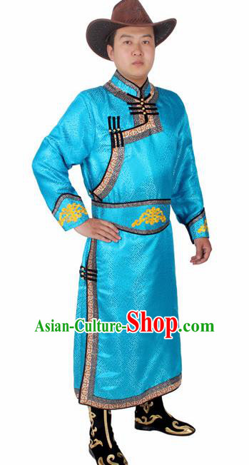 Chinese Ethnic Prince Costume Blue Mongolian Robe Traditional Mongol Nationality Folk Dance Clothing for Men