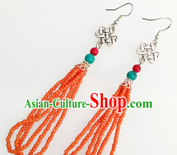 Traditional Chinese Mongol Nationality Orange Beads Ear Accessories Mongolian Ethnic Folk Dance Earrings for Women