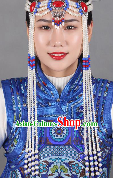 Chinese Mongolian Ethnic Tassel Hair Accessories Traditional Mongol Nationality Folk Dance White Beads Headband for Kids