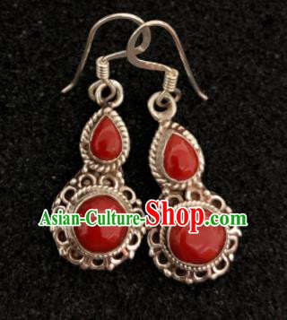 Traditional Chinese Mongol Nationality Red Calabash Ear Accessories Mongolian Ethnic Earrings for Women