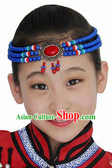 Chinese Mongolian Ethnic Blue Beads Tassel Hair Accessories Traditional Mongol Nationality Folk Dance Headband for Kids