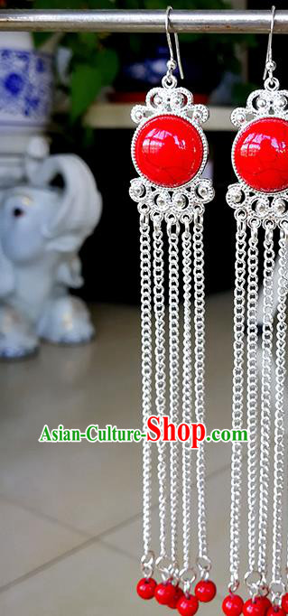 Traditional Chinese Mongolian Ethnic Red Beads Tassel Ear Accessories Mongol Nationality Earrings for Women