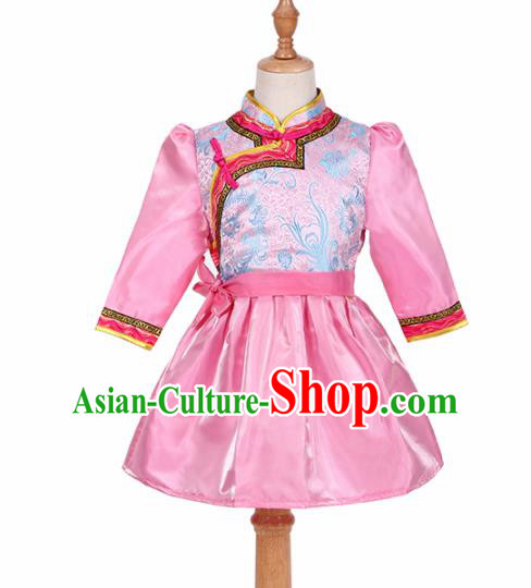 Chinese Ethnic Costume Pink Mongolian Dress Traditional Mongol Nationality Folk Dance Clothing for Kids