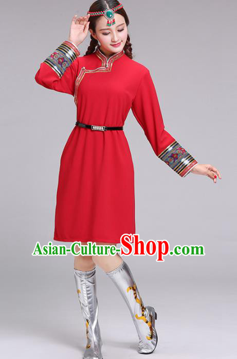 Chinese Mongolian Ethnic Costume Red Dress Traditional Mongol Nationality Folk Dance Clothing for Women