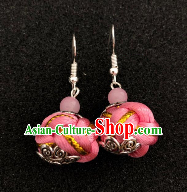 Traditional Chinese Mongol Nationality Pink Ball Ear Accessories Mongolian Ethnic Earrings for Women