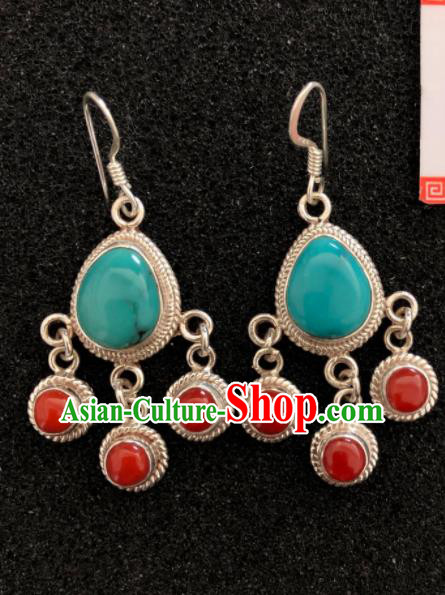 Traditional Chinese Mongol Nationality Sliver Green Ear Accessories Mongolian Ethnic Earrings for Women