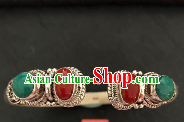 Traditional Chinese Mongol Nationality Agate Bracelet Accessories Mongolian Ethnic Sliver Bangle for Women
