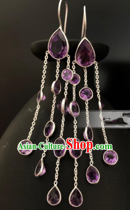 Traditional Chinese Mongol Nationality Purple Crystal Ear Accessories Mongolian Ethnic Earrings for Women