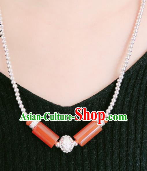Traditional Chinese Mongol Nationality Sliver Necklet Accessories Mongolian Ethnic Red Agate Necklace for Women