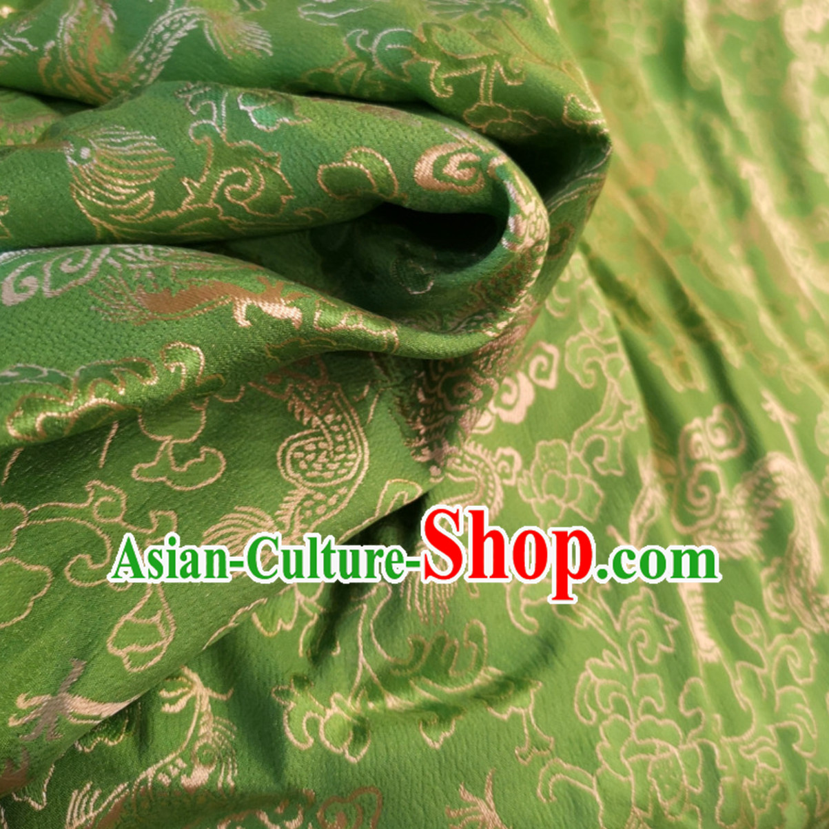 Green 100% Pure Silk Dragon Phoenix Pattern Fabric Chinese Royal Silk Fabrics