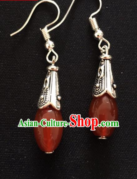 Chinese Mongol Nationality Agate Ear Accessories Traditional Mongolian Ethnic Sliver Earrings for Women
