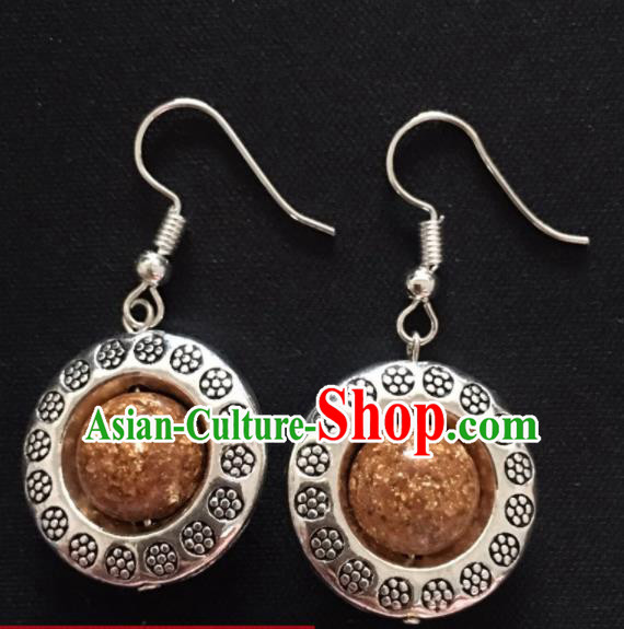 Chinese Mongol Nationality Golden Ball Ear Accessories Traditional Mongolian Ethnic Sliver Earrings for Women