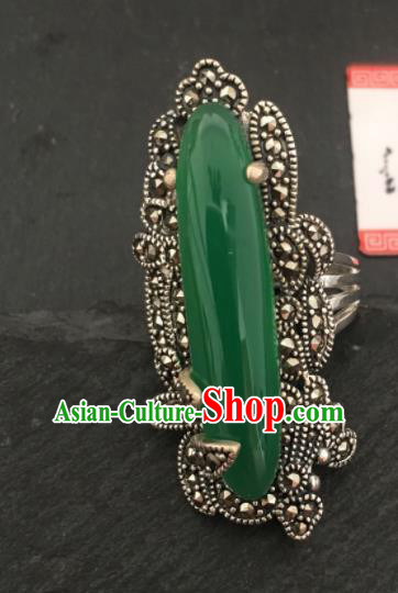 Traditional Chinese Mongol Nationality Green Chalcedony Ring Mongolian Ethnic Accessories for Women