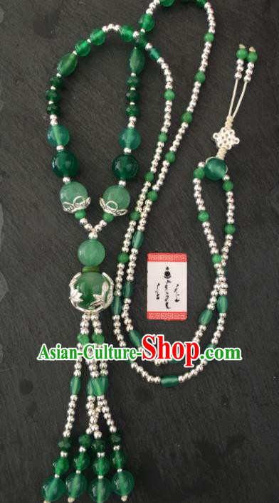Chinese Mongol Nationality Green Chalcedony Tassel Necklet Accessories Traditional Mongolian Ethnic Necklace for Women