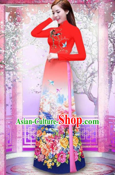 Vietnam Traditional National Printing Peony Red Ao Dai Dress Asian Vietnamese Cheongsam for Women